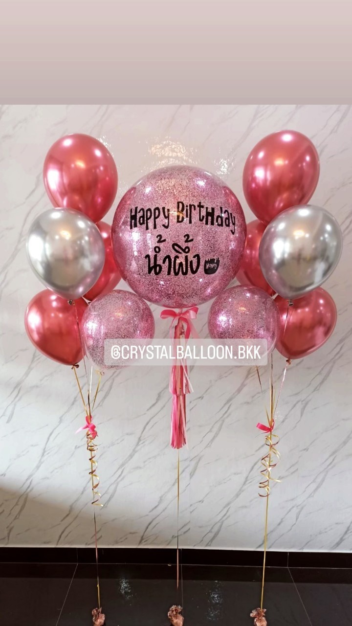 ลูกโป่ง วันเกิด Bubble ขนาด 24" Theme ชมพู พร้อมตกแต่ง ช่อลูกโป่งโครเมี่ยม 5 ลูก 2 ช่อ,ลูกโป่งใส ใส่กลิตเตอร์ สามารถเปลี่ยนสีลูกโป่ง/เปลี่ยนข้อความ/เปลี่ยนขนาดได้