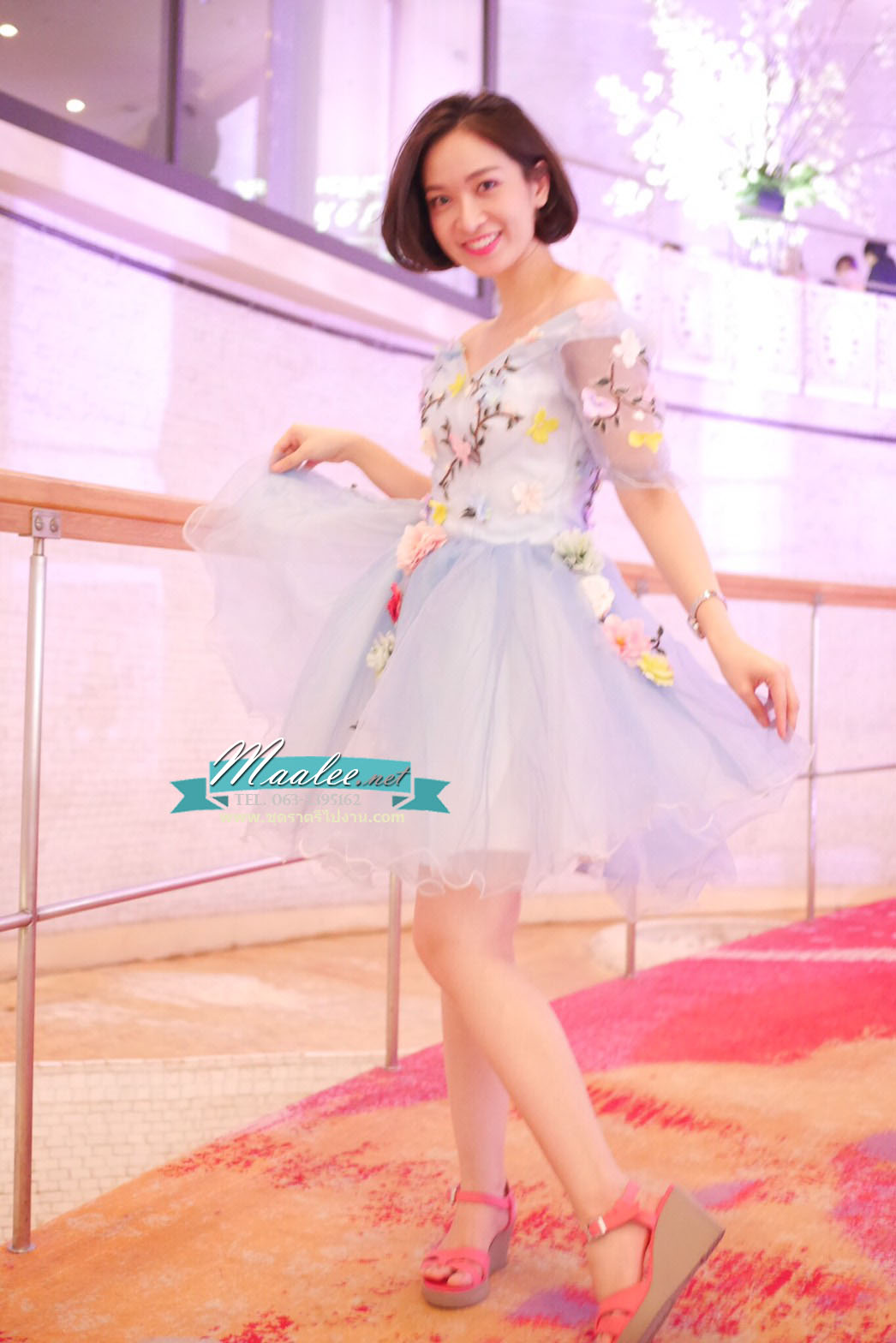 พร้อมเช่า ชุดแฟนซีสั้น สีฟ้า แขนยาว แต่งดอก Fairy สไตล์เจ้าหญิง กระโปรงพองสวยชายย้วย เชือกผูกหลัง