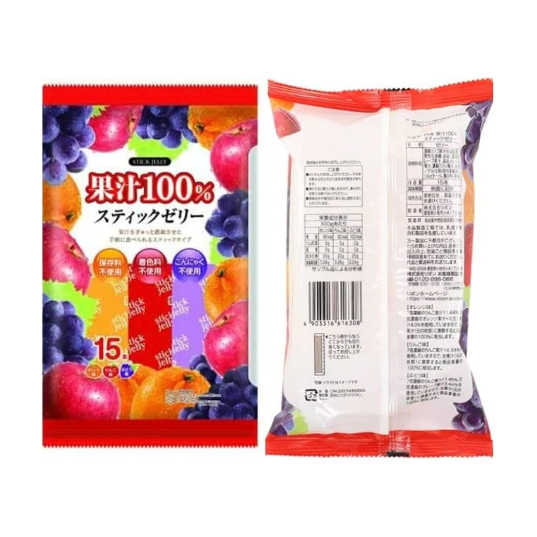 RIBON เยลลี่แท่งจากน้ำผลไม้ 100% (ของดีน่าร้อนของคนญี่ปุ่น) STICK JELLY แพ็ค 15 แท่ง