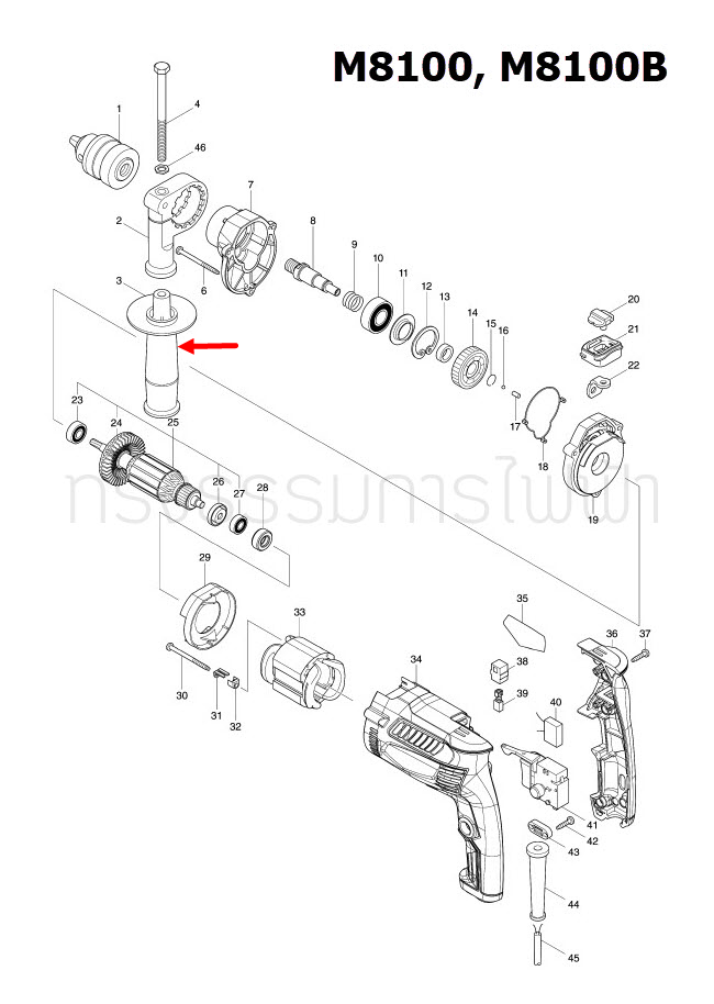 ด้ามจับ สว่านกระแทก Maktec-มาคเทค, Makita-มากีต้า MT814, MT817, MT813, HP1630, M8100, M8100B [#3] Pn.153503-4 (แท้) ##