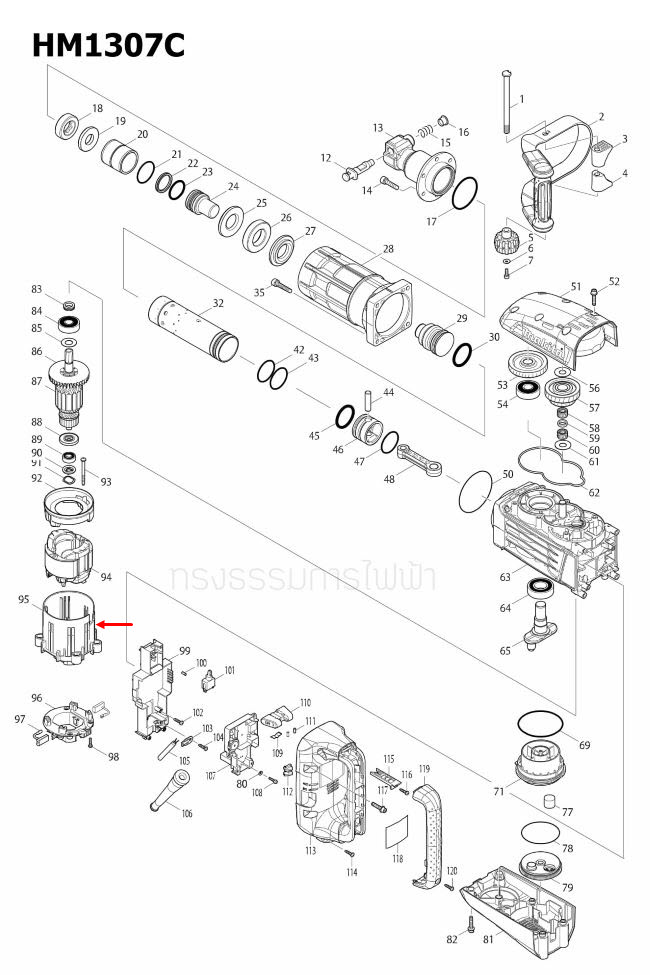 MOTOR HOUSING สกัดไฟฟ้า Makita มากีต้า HM1307C, HM1317C [#95] Pn.451117-6 (แท้) ##