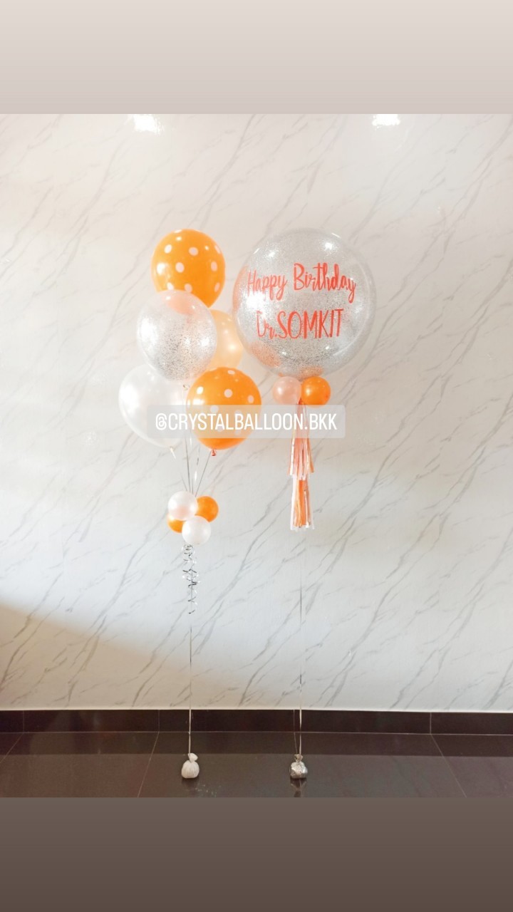 ลูกโป่ง วันเกิด Bubble ขนาด 24" กลิตเตอร์สีเงิน พร้อม ช่อลูกโป่ง ช่อ 5 ลูก 2 ช่อ พร้อมตกแต่ง สามารถเปลี่ยนสีลูกโป่ง/เปลี่ยนข้อความ/เปลี่ยนขนาดได้