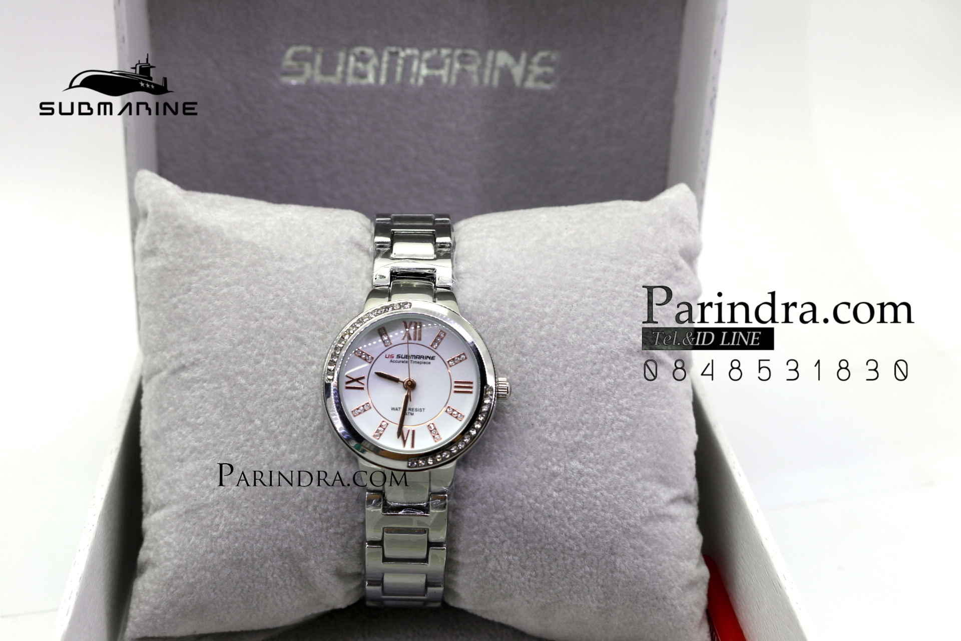 นาฬิกา US submarine รุ่น J120L กรอบหน้าปัดคริตตัล หน้าปัดสีขาวตัวเลลสีPINK GOLD สายสแตนเลสสีเงินเงา
