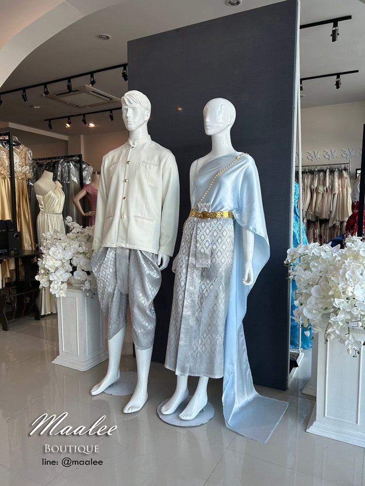 เช่า ชุดไทย ชุดเพื่อนเจ้าสาว ชุดไทยผ้าถุงสีเทาเงิน สไบเรียบ สีฟ้าอ่อน