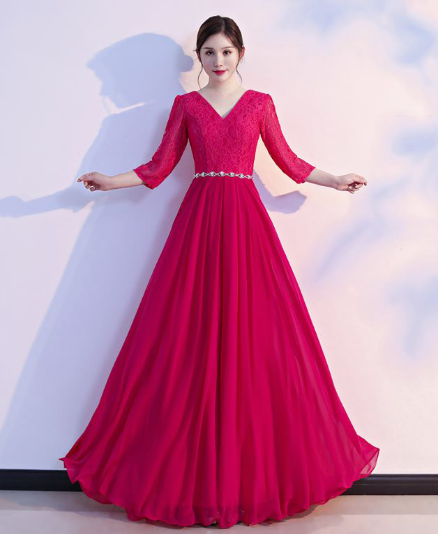 พร้อมเช่า ชุดราตรียาว สีชมพู บานเย็น ไซส์ใหญ่ แขนสามส่วน แต่งลูกไม้ กระโปรงผ้าชีฟอง เอวแต่งเพชร มีไซส์ XL - 3XL