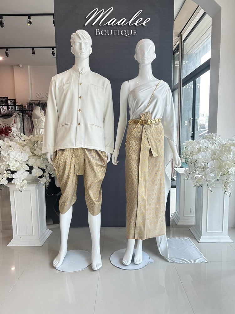 เช่า ชุดไทย ชุดเพื่อนเจ้าสาว ชุดไทยผ้าถุงสีเทาชาทอง สไบสีเทาเงิน