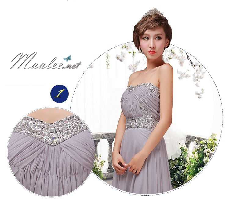 พร้อมส่ง ชุดราตรียาว เกาะอก แต่งเพชรหรู สีเทา