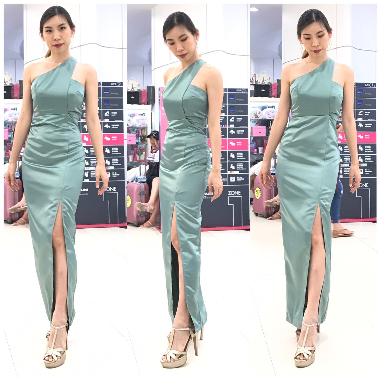 พร้อมเช่า ชุดเดรสเข้ารูป ผ่าหน้าขา ผ้า silk polyester คัตติ้งเฉียบ สีเขียวอมเทา sage green