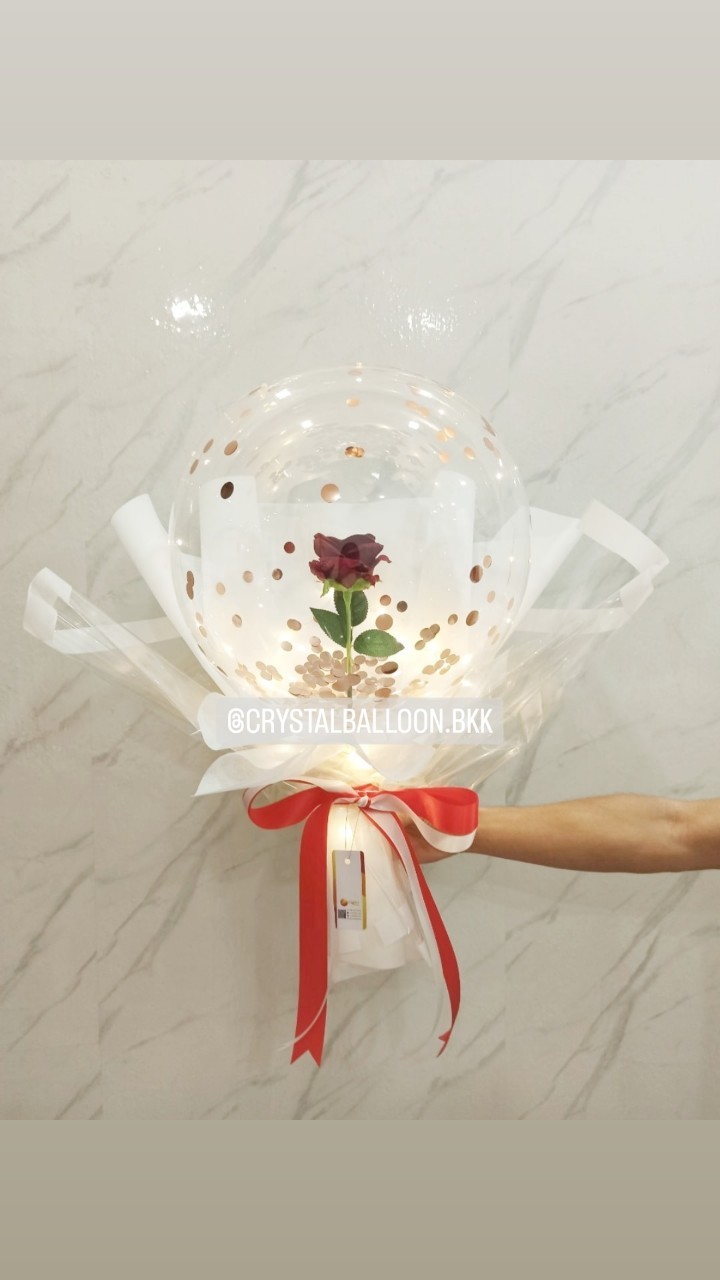 Flower Balloon Valentine's Day ดอกกุหลาบแดงประดิษฐ์ 1 ดอก Bubble ขนาด 18" พร้อม ไฟประดับ 1 ชิ้น,สามารถใส่เงินได้ 30 ใบ พร้อมตกแต่ง สามารถเปลี่ยนข้อความ/เปลี่ยนสีได้