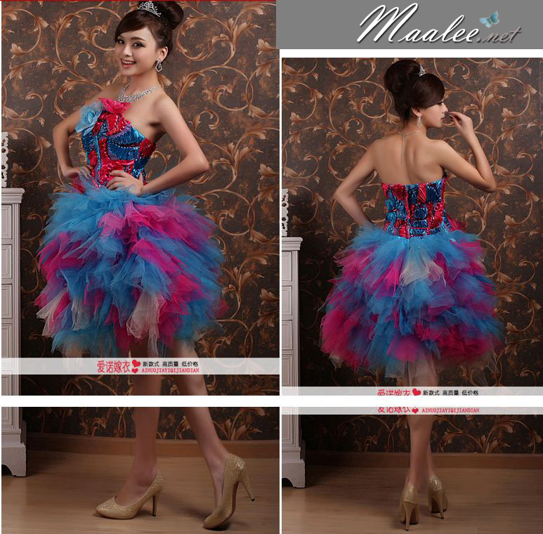 พร้อมเช่า ชุดแฟนซี เช่า 500 ชุดราตรีสั้น เกาะอก ชุดเชียร์ลีดเดอร์ กระโปรงแต่งเป็นชั้นๆ พองสวยมาก