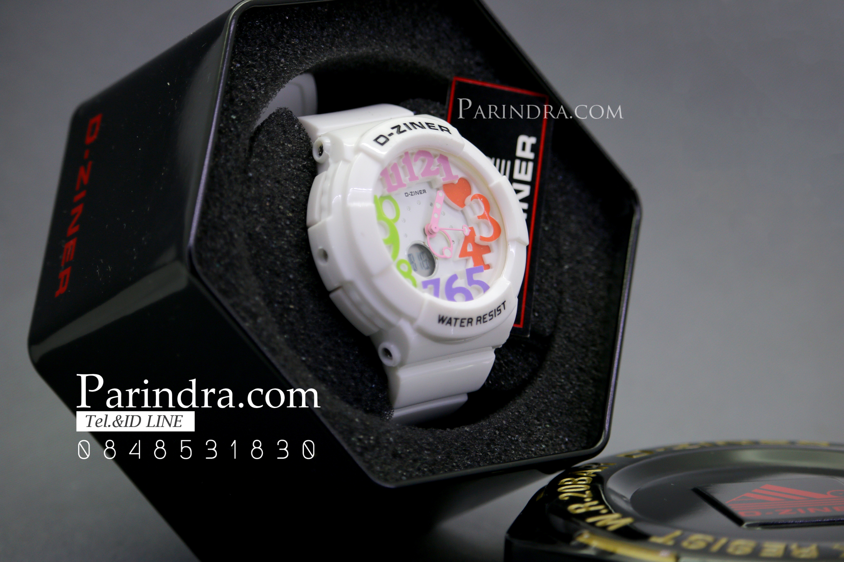 นาฬิกา D-ZINER สายซิลิโคนสีขาว หน้าปัดดำ ตัวเลขหลากสี