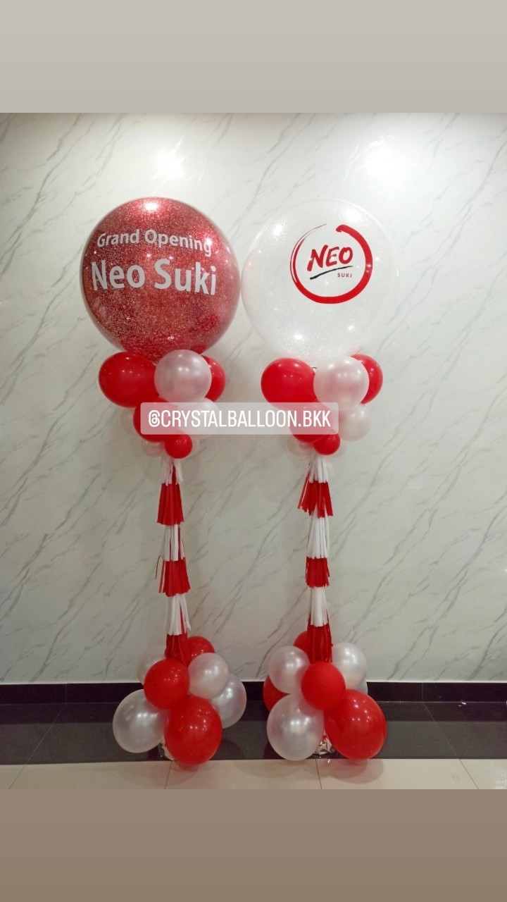 เสาลูกโป่ง เปิดร้าน Bubble ขนาด 36" กลิตเตอร์สีแดง 1 เสา พร้อม กลิตเตอร์สีขาว 1 เสา พร้อมตกแต่ง สามารถเปลี่ยนสีลูกโป่ง/เปลี่ยนข้อความได้