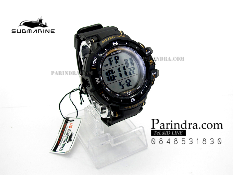 นาฬิกา US submarine TP1338M สีดำ-ทอง พื้นหลังเทา กรอบเข็มทิศระบบDigital