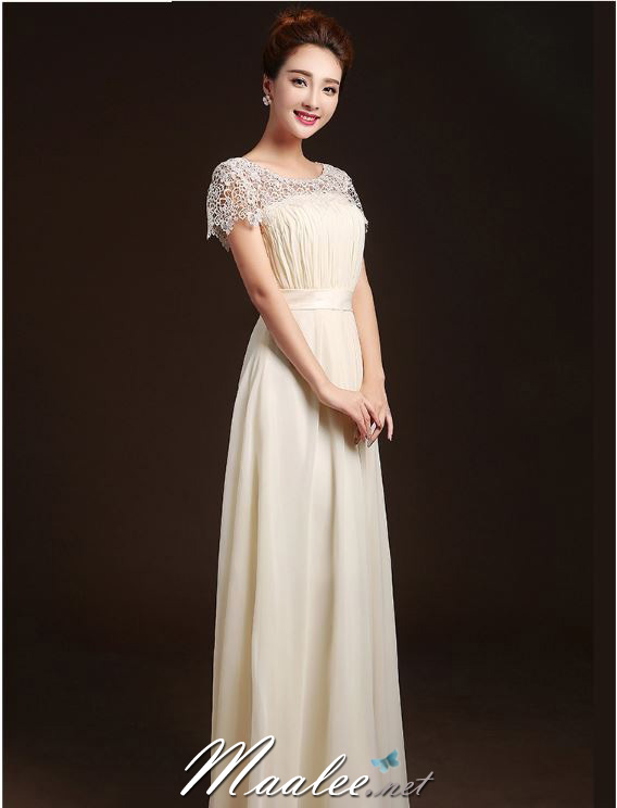 พร้อมเช่า ชุดราตรียาว ลูกไม้ กระโปรงผ้าชีฟอง อกจับจีบ เรียบหรู สีครีม Champagne