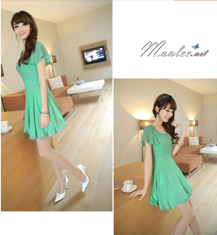 พร้อมส่ง ชุดออกงาน ชุดเดรสชีฟอง Slim Design สีเขียวมินท์ แขนและกระโปรงชายย้วย (เหลือเฉพาะไซส์ L)