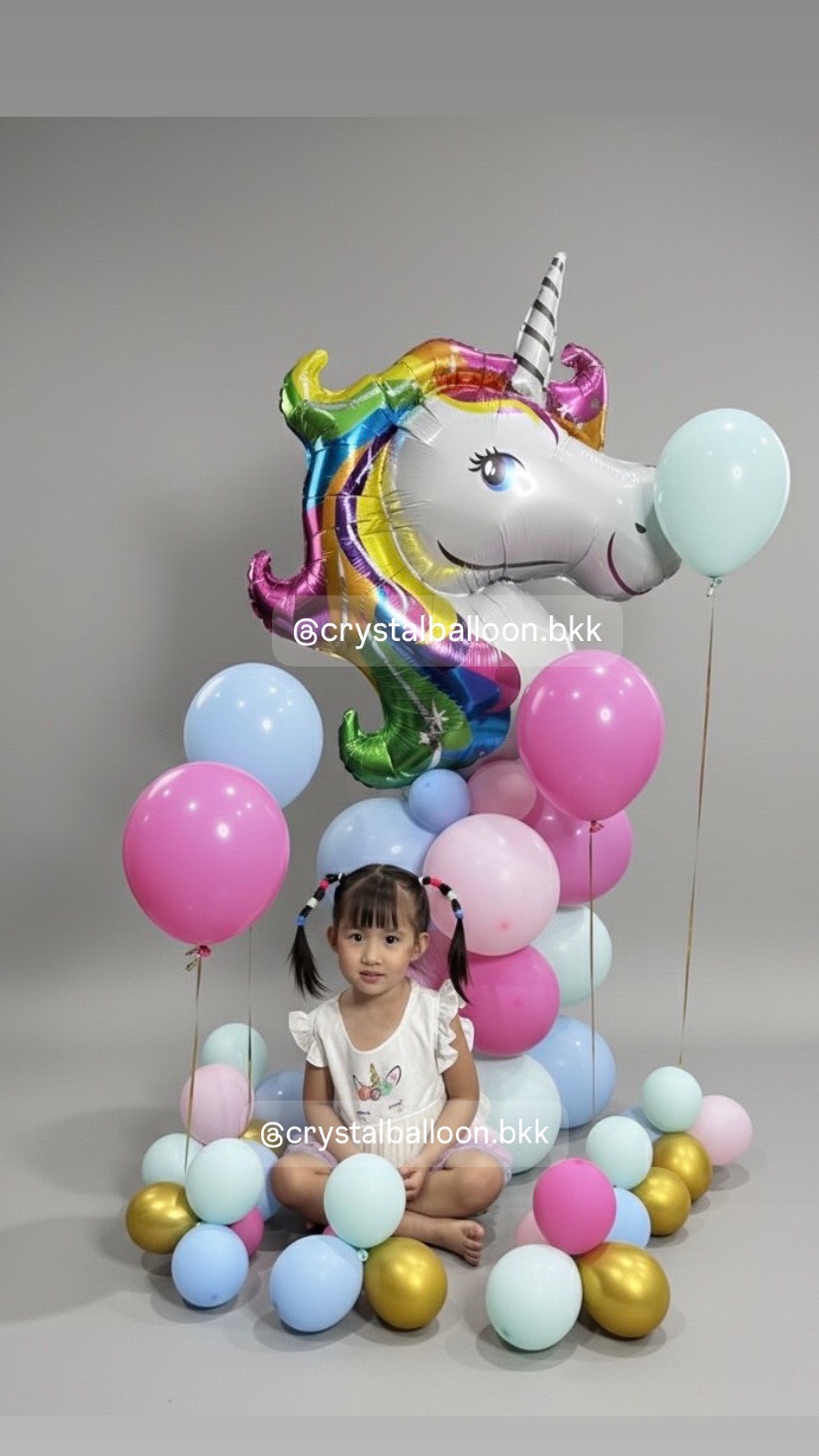 ลูกโป่งวันเกิดเด็ก ฟอยล์หัวยูนิคอร์น ตั้งฐาน 1 ชิ้น , ลูกโป่งตั่งเดี่ยว 4 ลูก , พร้อมลูกโป่งโปรยพื้นตกแต่ง 6 ชิ้น , ลูกโป่งสามารถเปลี่ยนสีได้