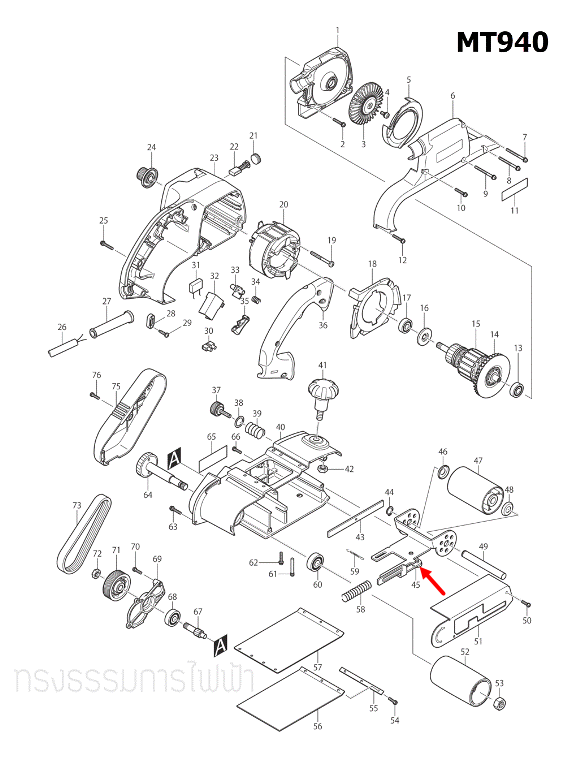 ฐานยึดล้อ เครื่องขัดกระดาษทราย Maktec-มาคเทค MT940, MT941 [#45], 9403 [#50] Pn.163477-1 (แท้) ## (**)