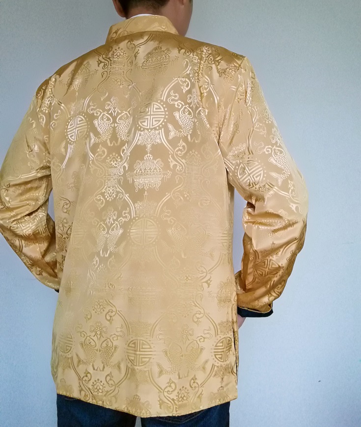 พร้อมส่ง (สินค้าตัวโชว์) ชุดจีน ชาย เสื้อคอจีน ผ้าแพร สีทอง / น้ำเงิน ใส่ได้สองด้าน (XL)