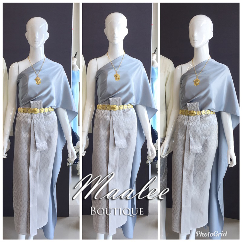 เช่า ชุดไทย ชุดเพื่อนเจ้าสาว ชุดไทยผ้าถุงสีเทาเงิน สไบเรียบ สีเทาเงิน