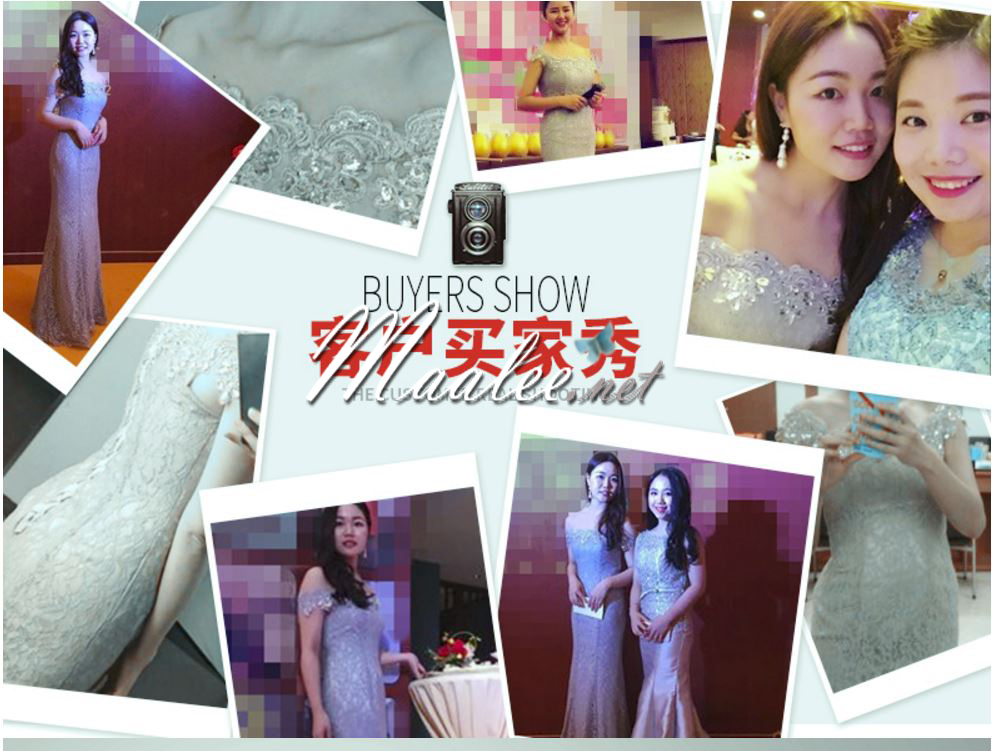 พร้อมเช่า ชุดราตรียาว แบบปาดไหล่ เข้ารูป ทรงหางปลา สีเทา ผ้าลูกไม้ แต่งเลื่อมสุดหรู (เชือกผูกหลัง)