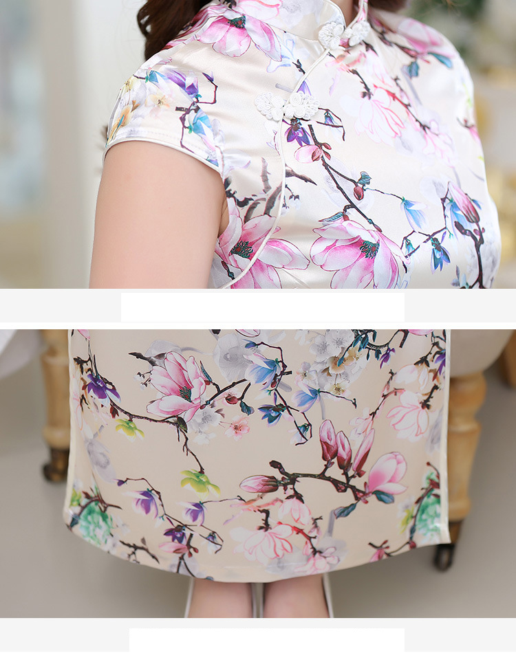 พร้อมส่ง กี่เพ้า สีครีม ผ้าซาติน พิมพ์ลาย ดอกไม้ สีพาสเทล สวยหวาน (L,2XL)