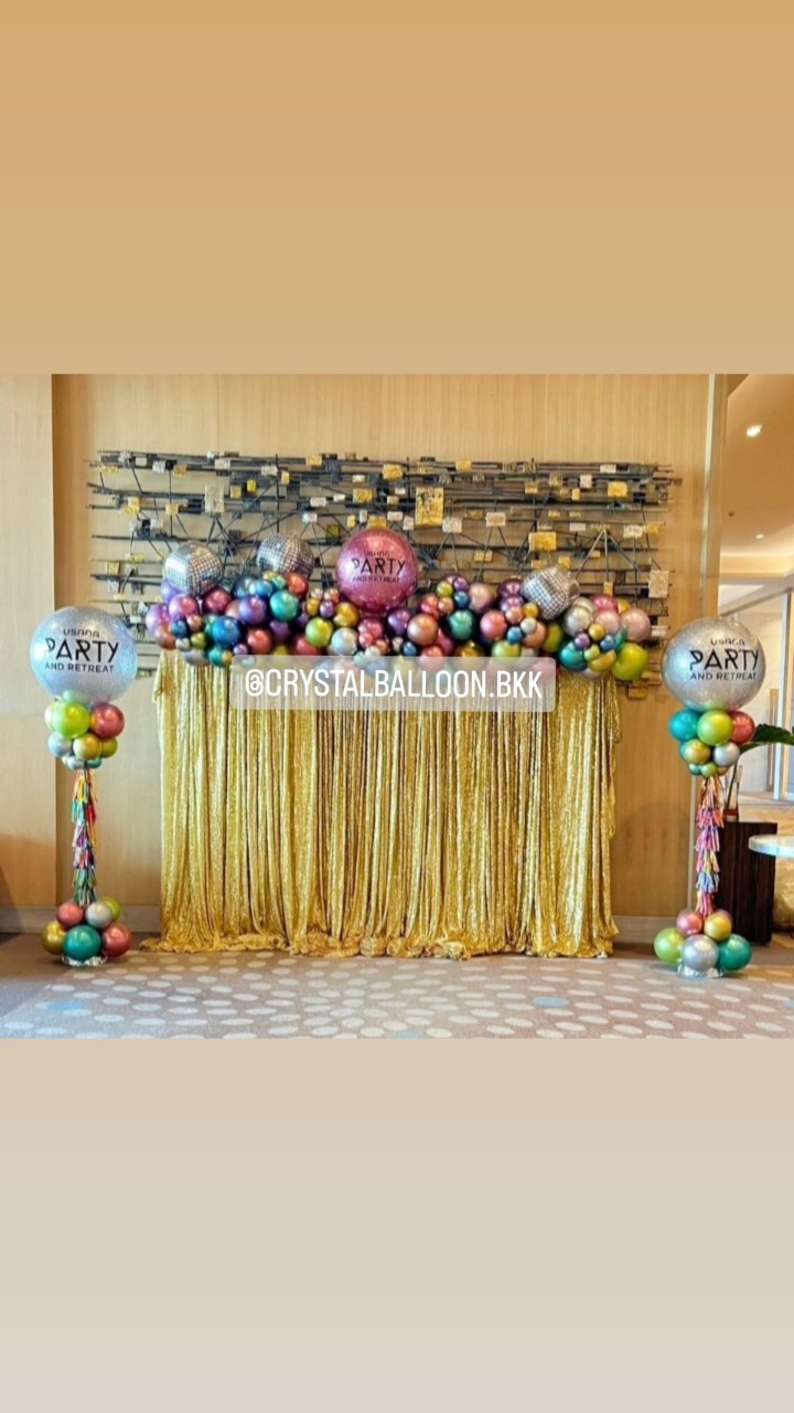 เสาลูกโป่ง เปิดงาน Bubble ขนาด 36" กลิตเตอร์สีเงิน 2 เสา พร้อม Organic+ม่านฟอยล์สีเงิน 6 ชิ้น,ฟอยล์ดิสโก้ 3 ชิ้น พร้อมตกแต่ง สามารถเปลี่ยนสีลูกโป่ง/เปลี่ยนข้อความได้