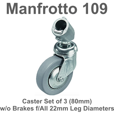 ล้อ ขนาด 80 มม. Manfrotto 109 ไม่มีตัวล็อกล้อ ( 1 ชุดมี 3 ตัว ) Caster Set of 3 (80mm) w/o Brakes f/All 22mm Leg Diameters ใช้กับขาตั้ง รุ่น 007U , 008BU , 126U , 145U , 626BU ประกันศูนย์ 5 ปี