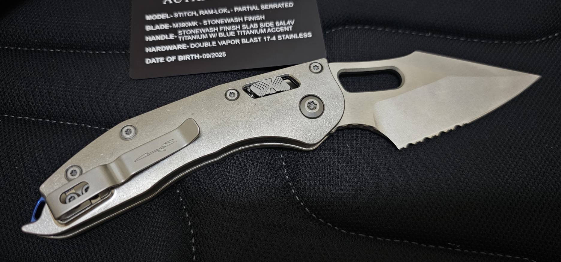 Microtech Stitch Ram-Lok S/E - Stonewashed Titanium - Stonewashed Blade - Blue Accents - Marfione Select