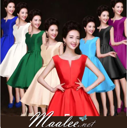 พร้อมเช่า ชุดราตรีสั้น แบบแขนกุด ผ้าซาตินเรียบหรู กระโปรงทรงA แต่งโบว์2ชั้น ช่วงเอว สีแดง (เชือกผูกหลัง)