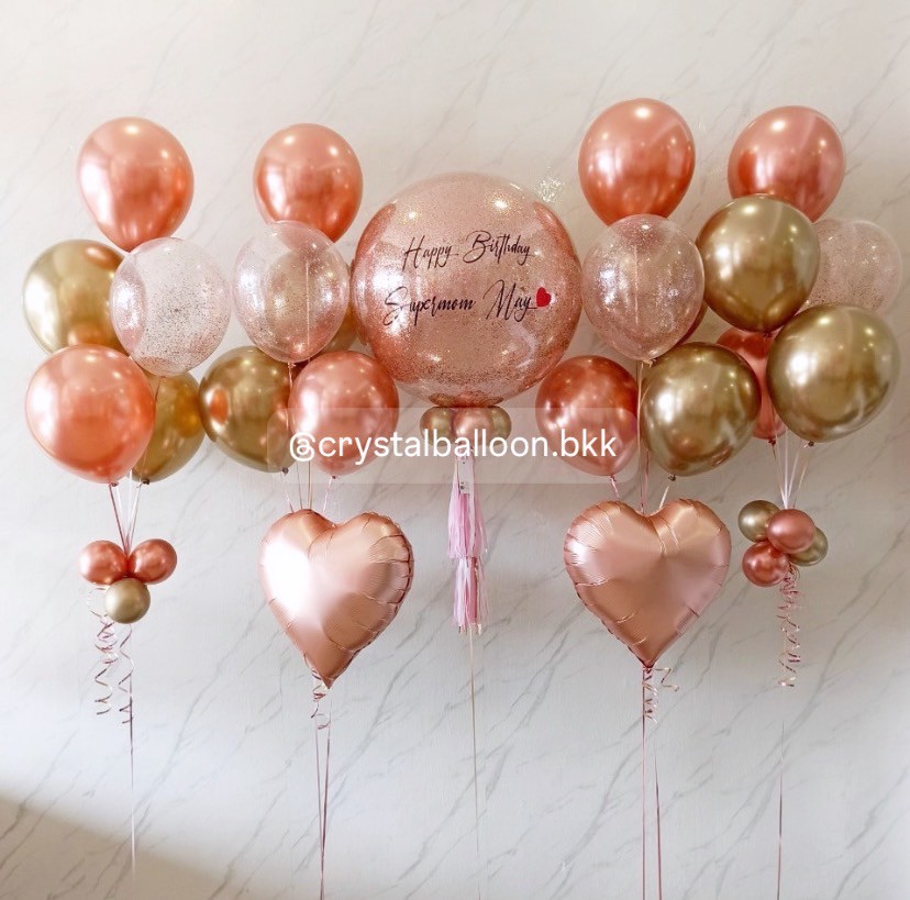 ลูกโป่ง วันเกิด Bubble ขนาด 24" สีโรสโกลด์ พร้อม ช่อลูกโป่ง ช่อ 5 ลูก 4 ช่อ,ลูกโป่งใส ใส่กลิตเตอร์ , ฟอยล์หัวใจ ขนาด 18" เป่าลอยตั้งพื้น สีโรสโกล 2 ลูก พร้อมตกเเต่ง สามารถเปลี่ยนสีลูกโป่ง/เปลี่ยนข้อความ/เปลี่ยนขนาดได้