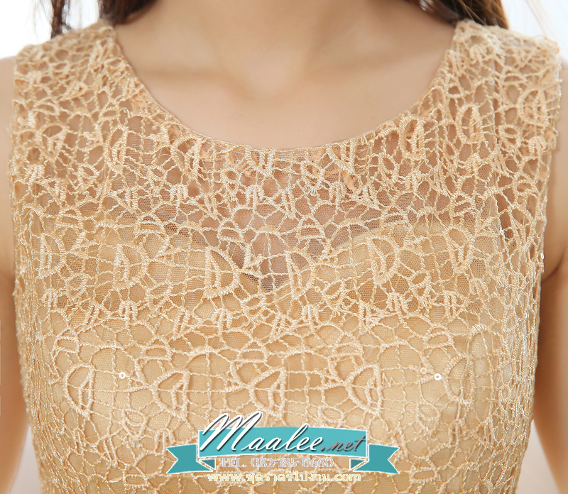 พร้อมเช่า ชุดราตรียาว แขนยาว แต่งลูกไม้ฉลุ ผาคาดเอวซาติน สีทอง สวยเรียบหรู