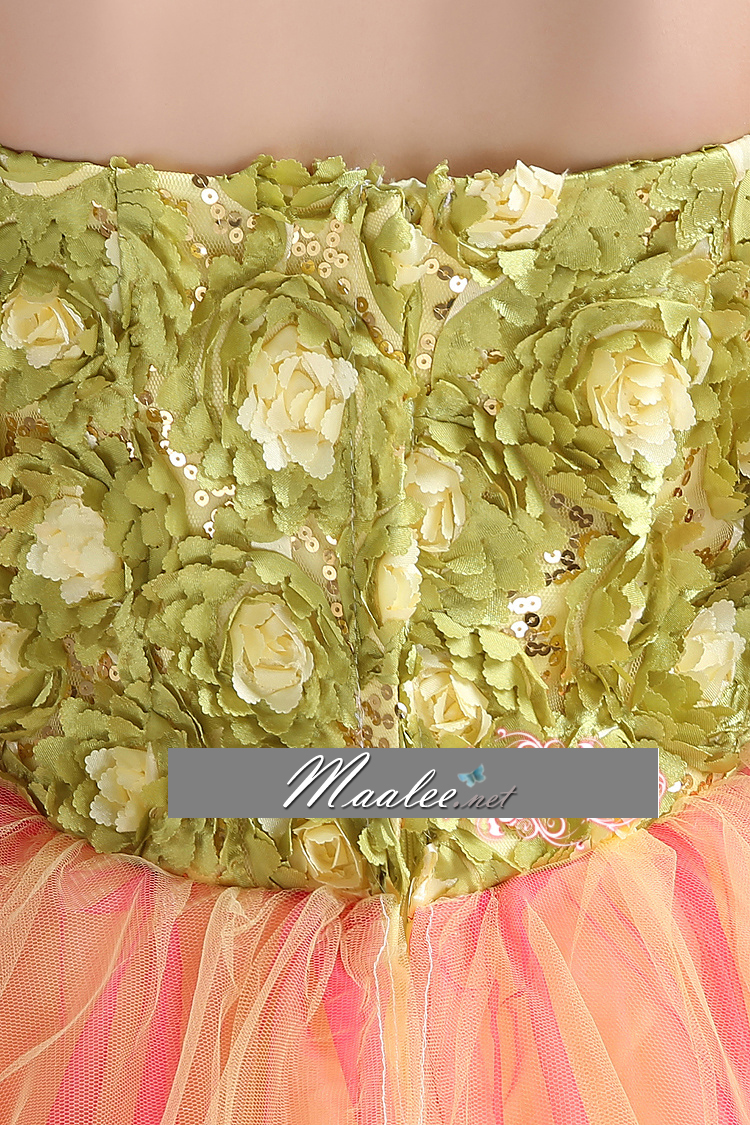 พร้อมเช่า ชุดแฟนซี ชุดราตรี เกาะอก สีส้ม แต่งลูกไม้ 3D สีเขียว (เชือกผูกหลัง)