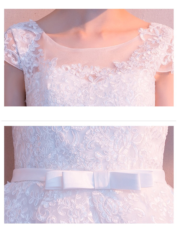 พร้อมส่ง ชุดราตรีสั้น แขนสั้น สีขาว สวยหวาน กระโปรงตาข่าย ตัวชุดลูกไม้&แต่งโบว์ช่วงเอว (ซิปหลัง)