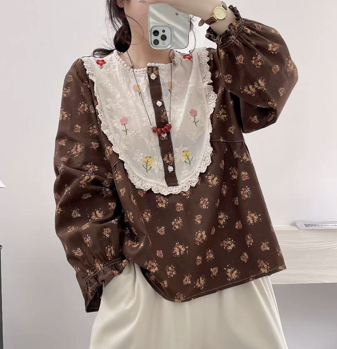 เสื้อผ้าฝ้ายลายดอกไม้แต่งผ้าลูกไม้