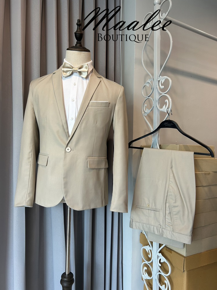 พร้อมเช่า ชุดสูทชาย สูทเพื่อนเจ้าบ่าว สีครีม เบจ Beige Brown (ไม่มีกั๊ก)