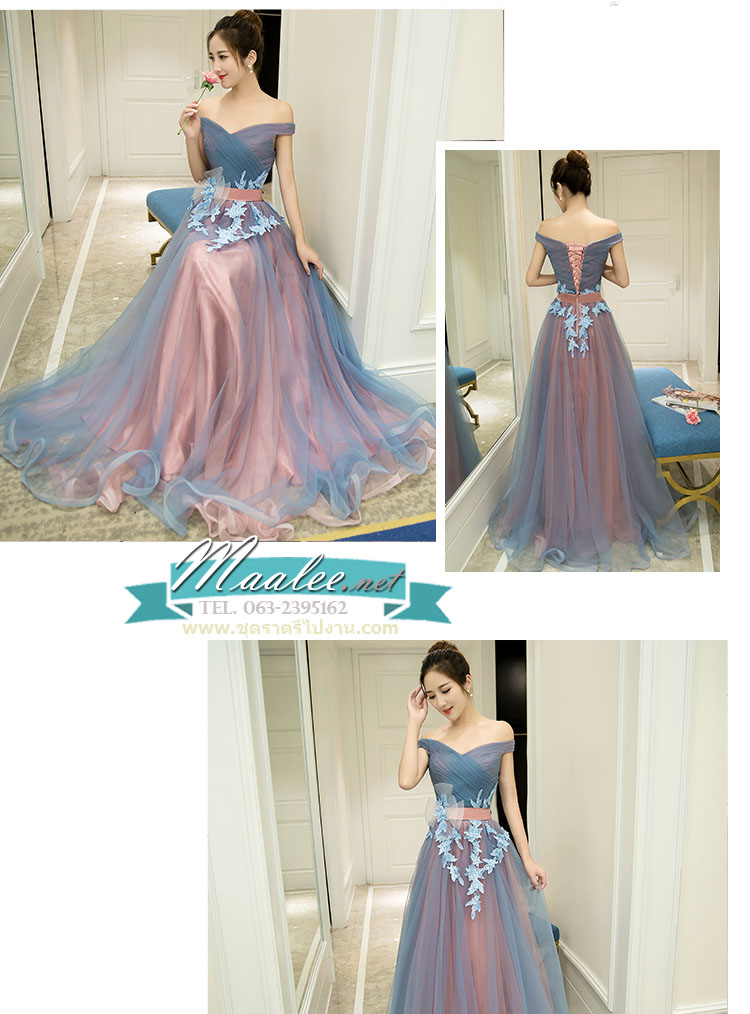 พร้อมเช่า ชุดราตรียาว แบบไหล่ปาด สีเทา-ชมพู Two Tone สไตล์เจ้าหญิง สวยหวานน่ารักมาก เนื้อผ้าตาข่าย แต่งโบว์และลูกไม้ช่วงเอว (เชือกผูกหลัง)