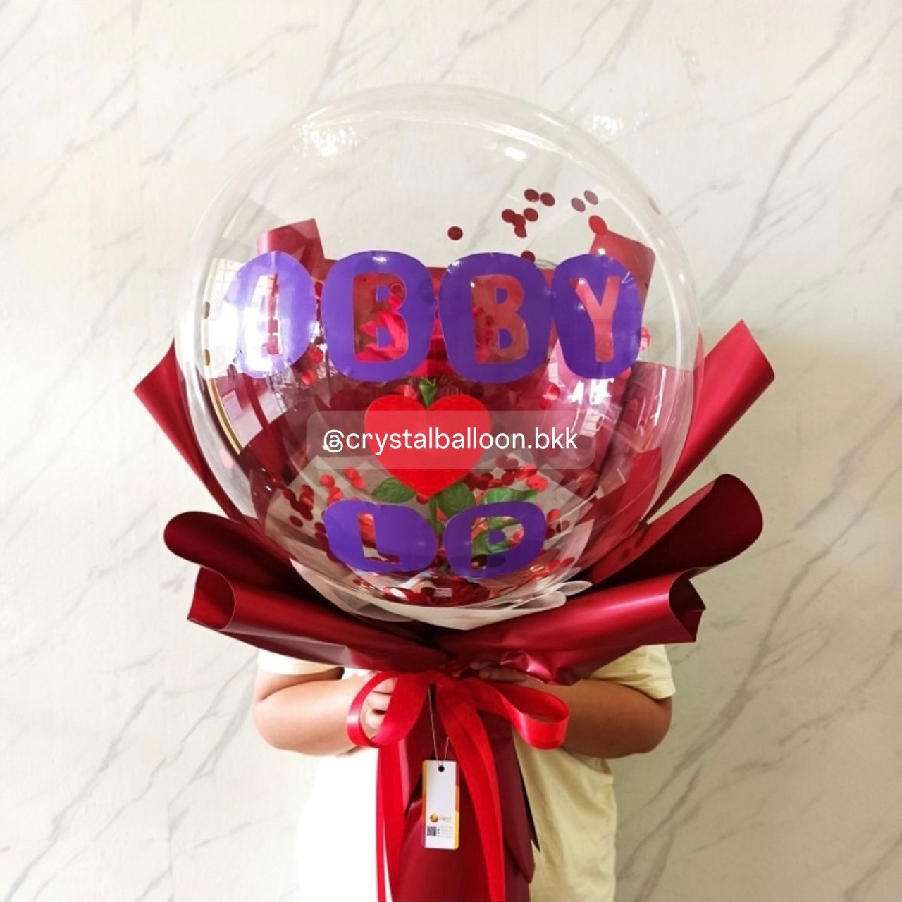 Flower Balloon ช่อใหญ่ ดอกกุหลาบประดิษฐ์ 1 ดอก Bubble ขนาด 18" พร้อม ไฟประดับ 1 ชิ้น พร้อมตกแต่ง สามารถใส่เงินได้ 30 ใบ สามารถเปลี่ยนข้อความ/เปลี่ยนสีได้