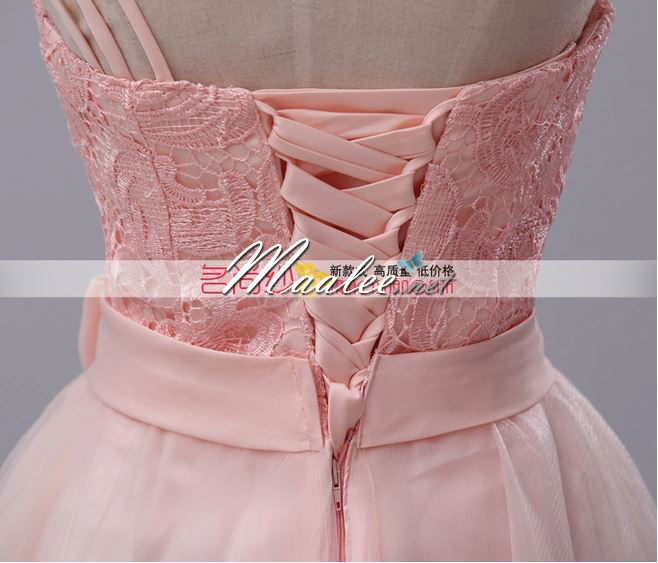 พร้อมเช่า ชุดราตรีสั้น สีโอโรส ไหล่เฉียง แต่งลูกไม้ กระโปรงหน้าสั้นหลังยาว ชุดเพื่อนเจ้าสาว Pink-004C