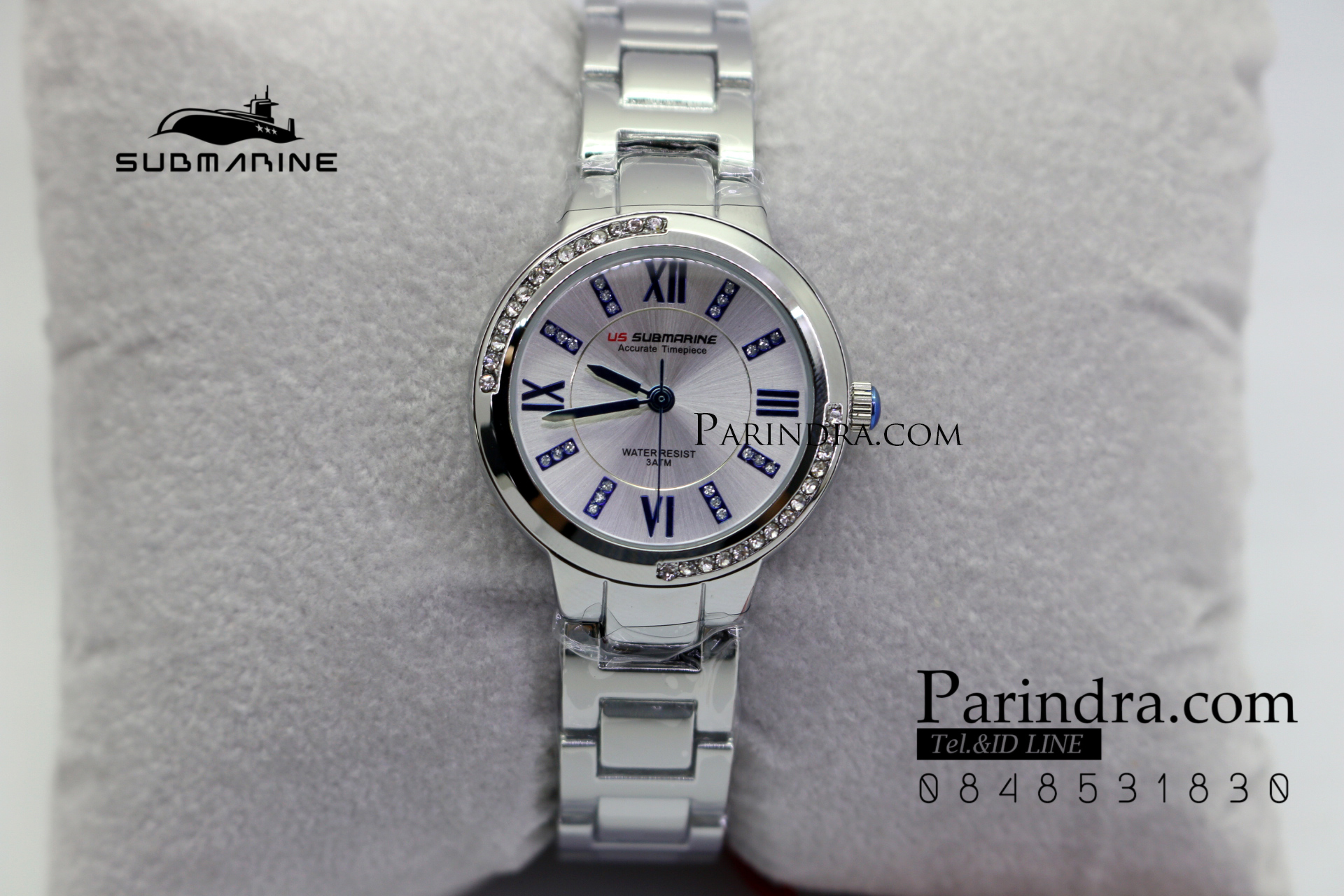 นาฬิกา US submarine รุ่น J120L กรอบหน้าปัดคริตตัล หน้าปัดสีขาวตัวเลขน้ำเงิน สายสแตนเลสสีเงินเงา