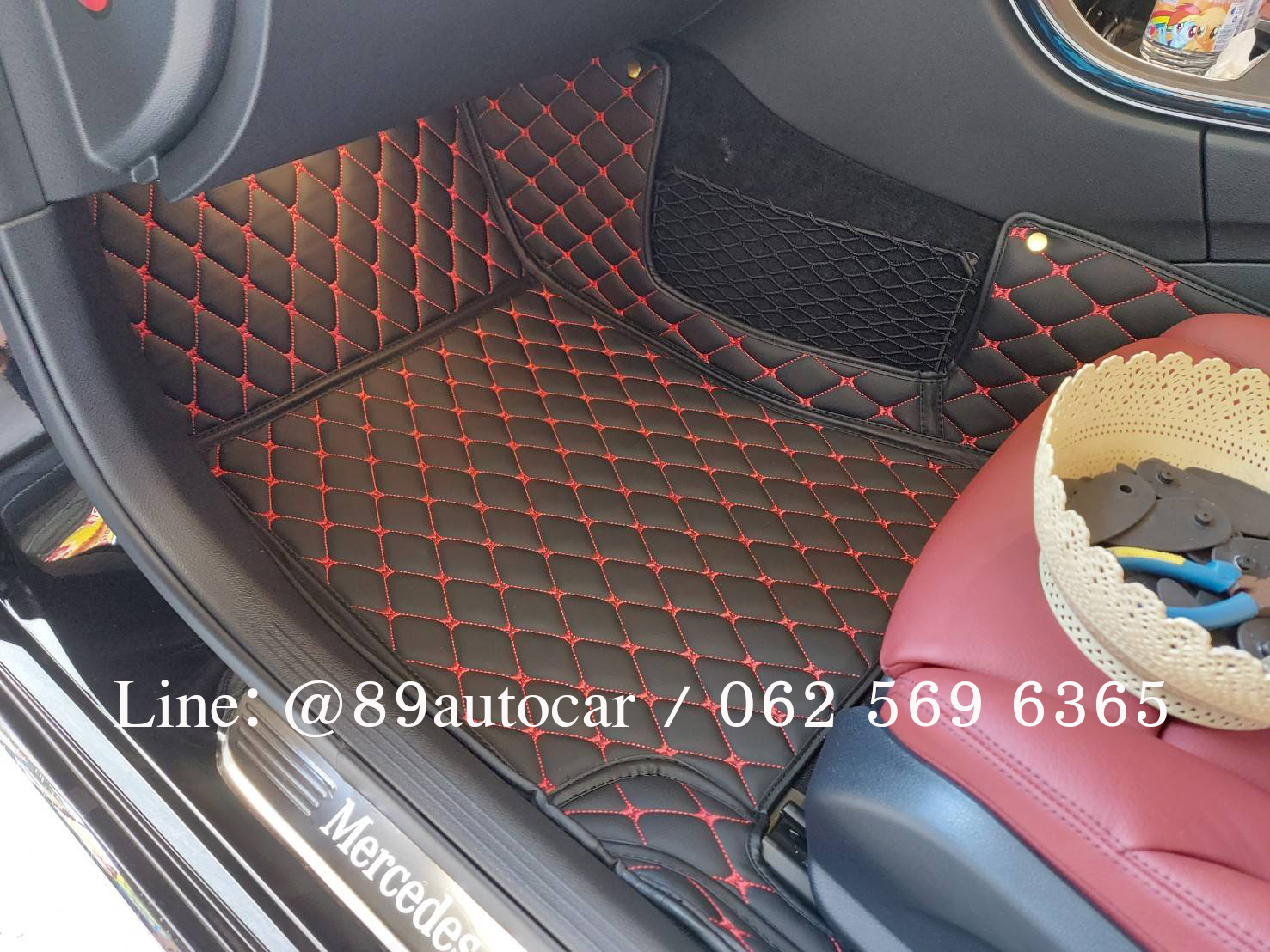 พรมปูพื้นรถยนต์ Benz C300e W205 ปูพรม6D สีดำด้ายแดง + ท้ายเก็บของ เต็มคัน