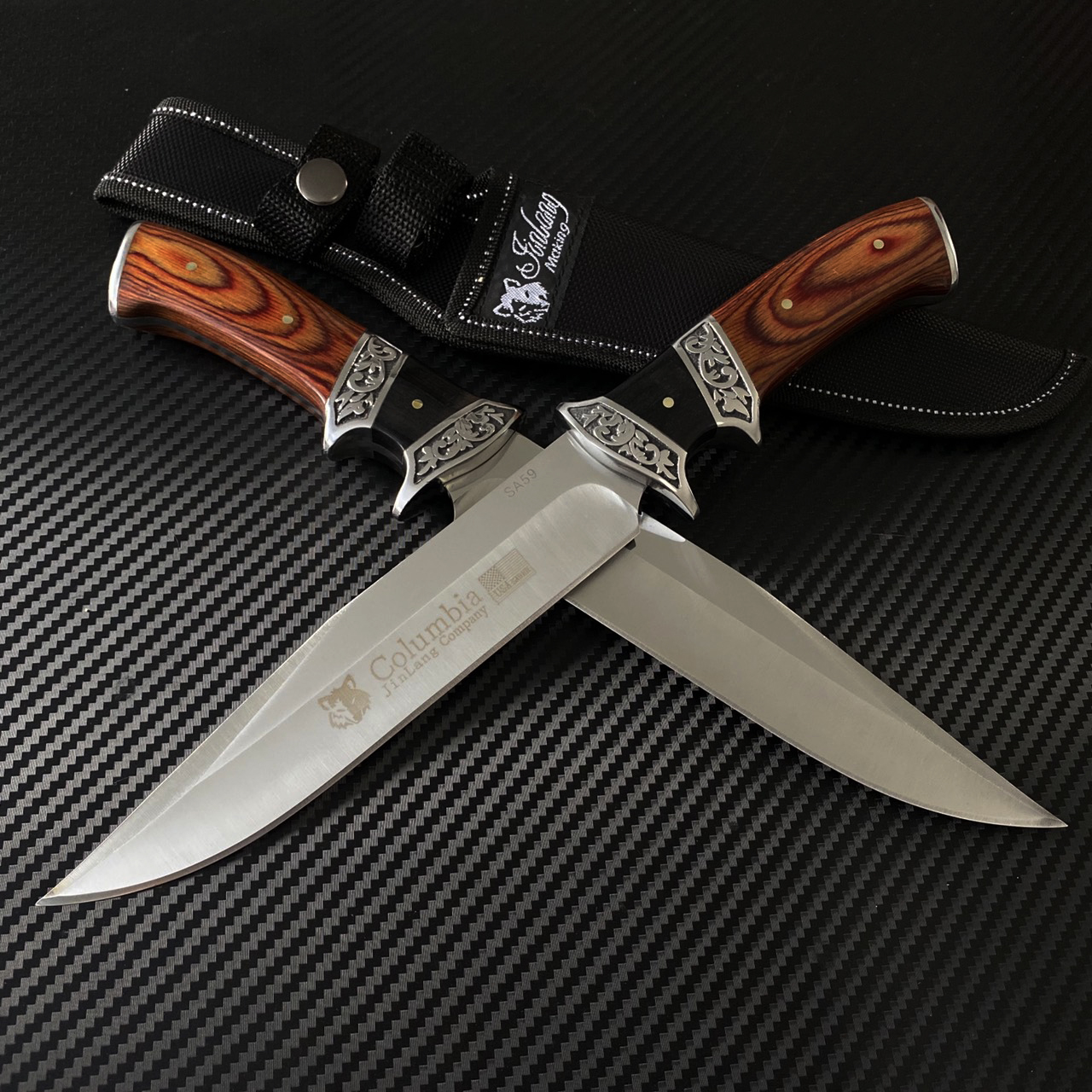 มีดเดินป่า COLUMBIA รุ่น SA59 ด้ามไม้แท้มีลวดลาย การ์ดนิ้ว 2 ชั้น ทรงใบมีดสวย