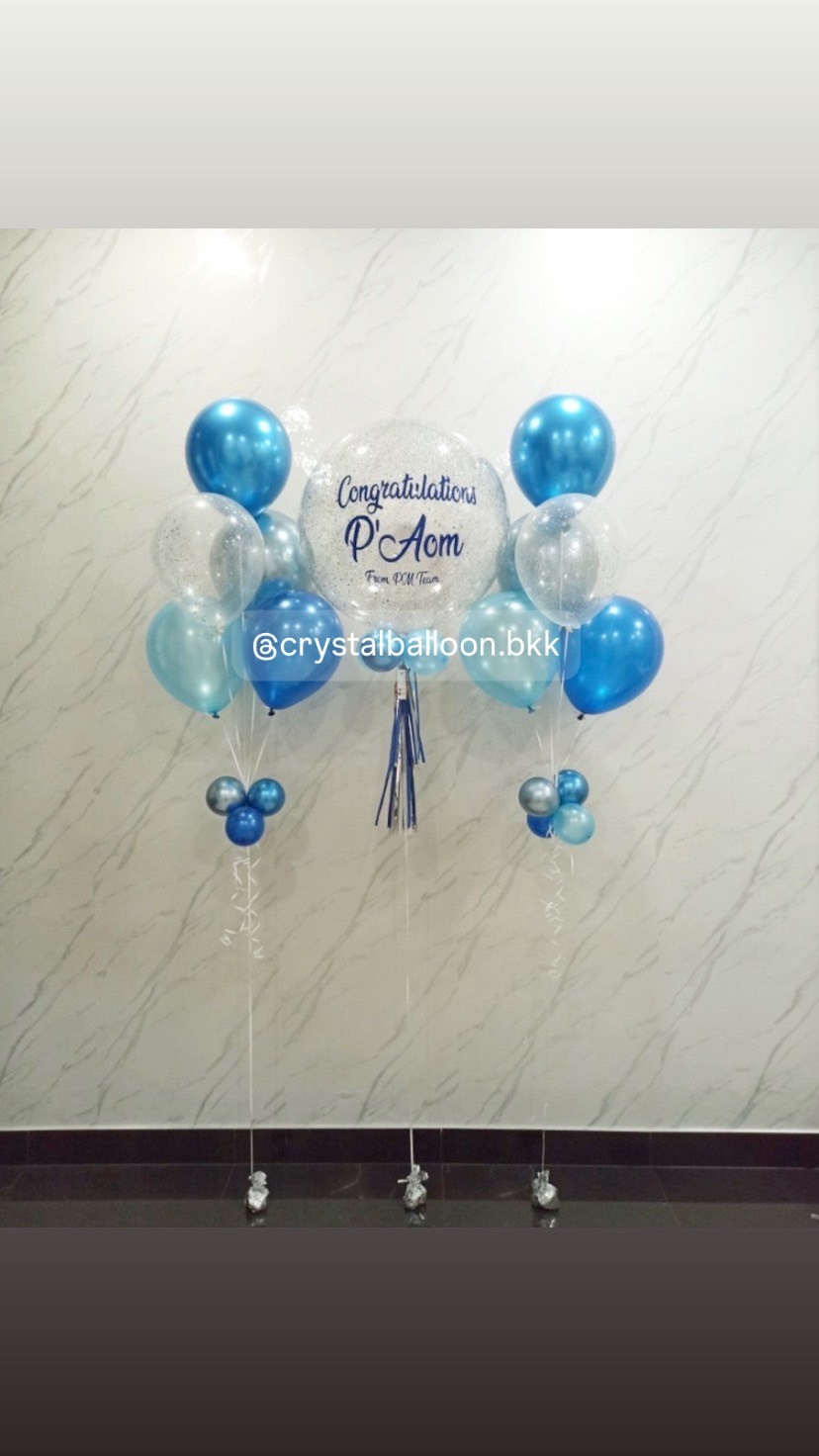 ลูกโป่ง รับปริญญา Bubble ขนาด 24" กลิตเตอร์สีเงิน 1 ลูก พร้อม ช่อลูกโป่ง ช่อ 5 ลูก 2 ช่อ พร้อมตกแต่ง สามารถเปลี่ยนสีลูกโป่ง/เปลี่ยนข้อความ/เปลี่ยนขนาดได้