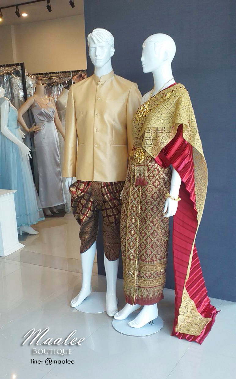 พร้อมเช่า ชุดแต่งงาน ชุดหมั่นไทยประยุกต์ สีแดง (ราคาเช่าเป็นคู่)