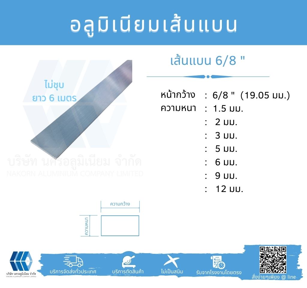 Al เส้นแบน 6/8" (19.05 มม.) ไม่ชุบ ยาว 6 เมตร หลายความหนา