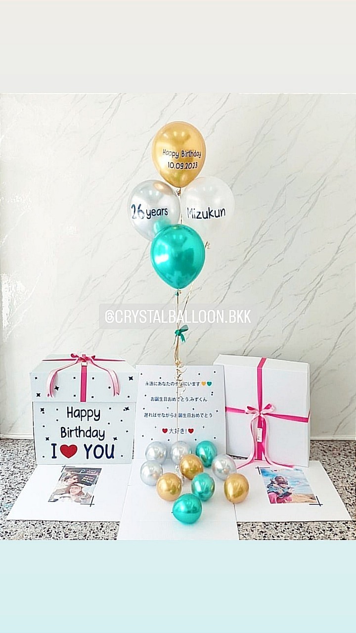 Happy Birthday กล่องเซอร์ไพรส์วันเกิด พร้อม ลูกโป่ง 4 ลูก พร้อมตกเเต่ง สามารถใส่รูปได้ 2 ใบ สามารถเปลี่ยนสีลูกโป่ง/เปลี่ยนสีข้อความได้