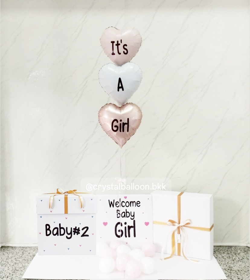 Gender Reveal Surprised Box กล่องทายเพศ ฟอยล์หัวใจ ขนาด 18" 3 ชิ้น พร้อมตกแต่ง สามารถใส่รูปได้ 2 ใบ สามารถเปลี่ยนสีลูกโป่ง/เปลี่ยนข้อความ/เปลี่ยนสี-ฟอยล์ตกแต่งได้