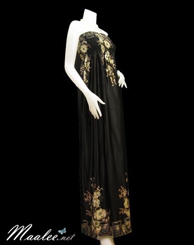 ชุดราตรีเกาะอกยาวหรูสีดำ ลายพิมพ์เถาดอกไม้สีทอง