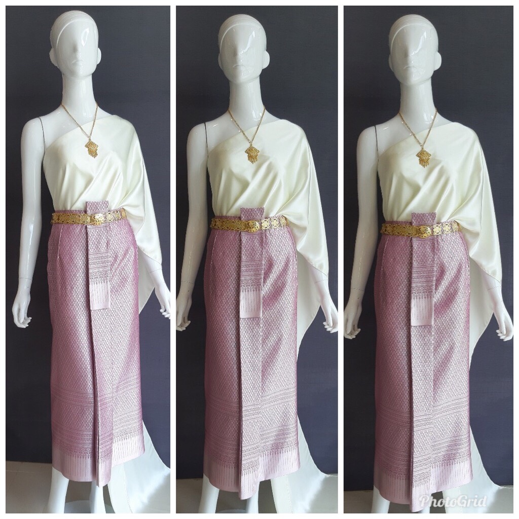 เช่า ชุดไทย ชุดเพื่อนเจ้าสาว ชุดไทยผ้าถุงสีม่วง สไบเรียบสีงาช้าง