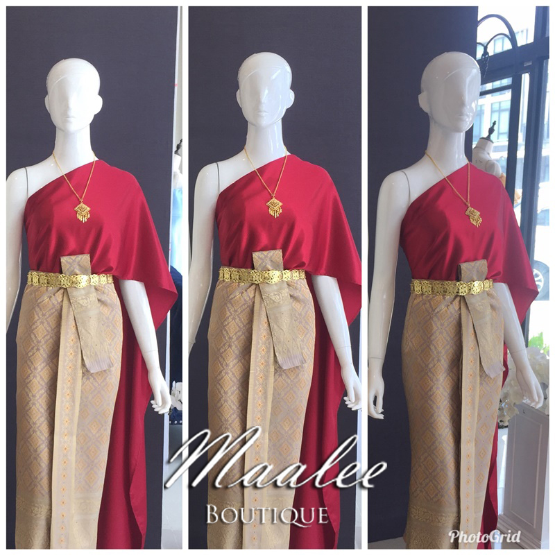 เช่า ชุดไทย ชุดเพื่อนเจ้าสาว ชุดไทย ผ้าถุงสีทอง สไบเรียบ สีแดง