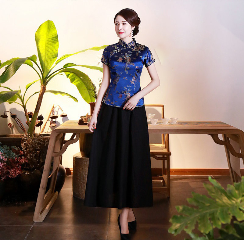 Pre-order เสื้อกี่เพ้า สีน้ำเงิน ลายมังกรนกฟินิกซ์ ผ้าไหมจีน กุ๊นขอบ ตัดเย็บอย่างดี